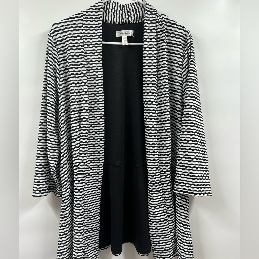 Dress Barn Black & White Wave Stripe Open Front Cardigan Jacket 3/4 Sleeves EUC
